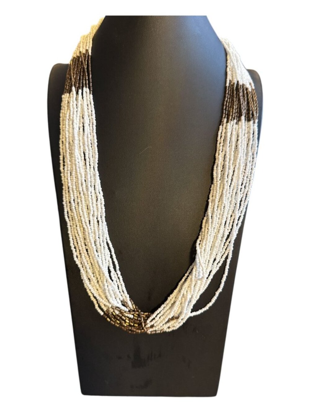 Multistrand White & Brown Beaded Necklace - Statement Jewelry - Handmade Design